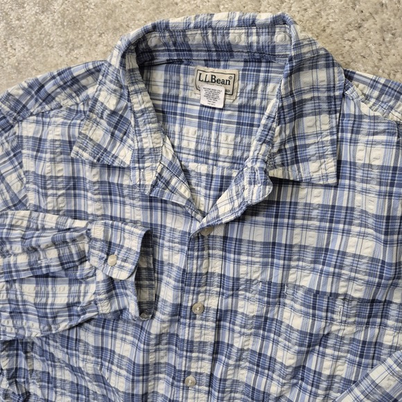 LL Bean Shirt Mens Medium Seersucker Plaid Blue Performance Coastal Beach Casual - Picture 1 of 8